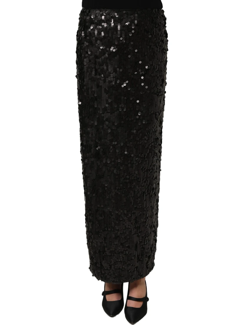 Black Sequin High Waist Pencil Midi Skirt