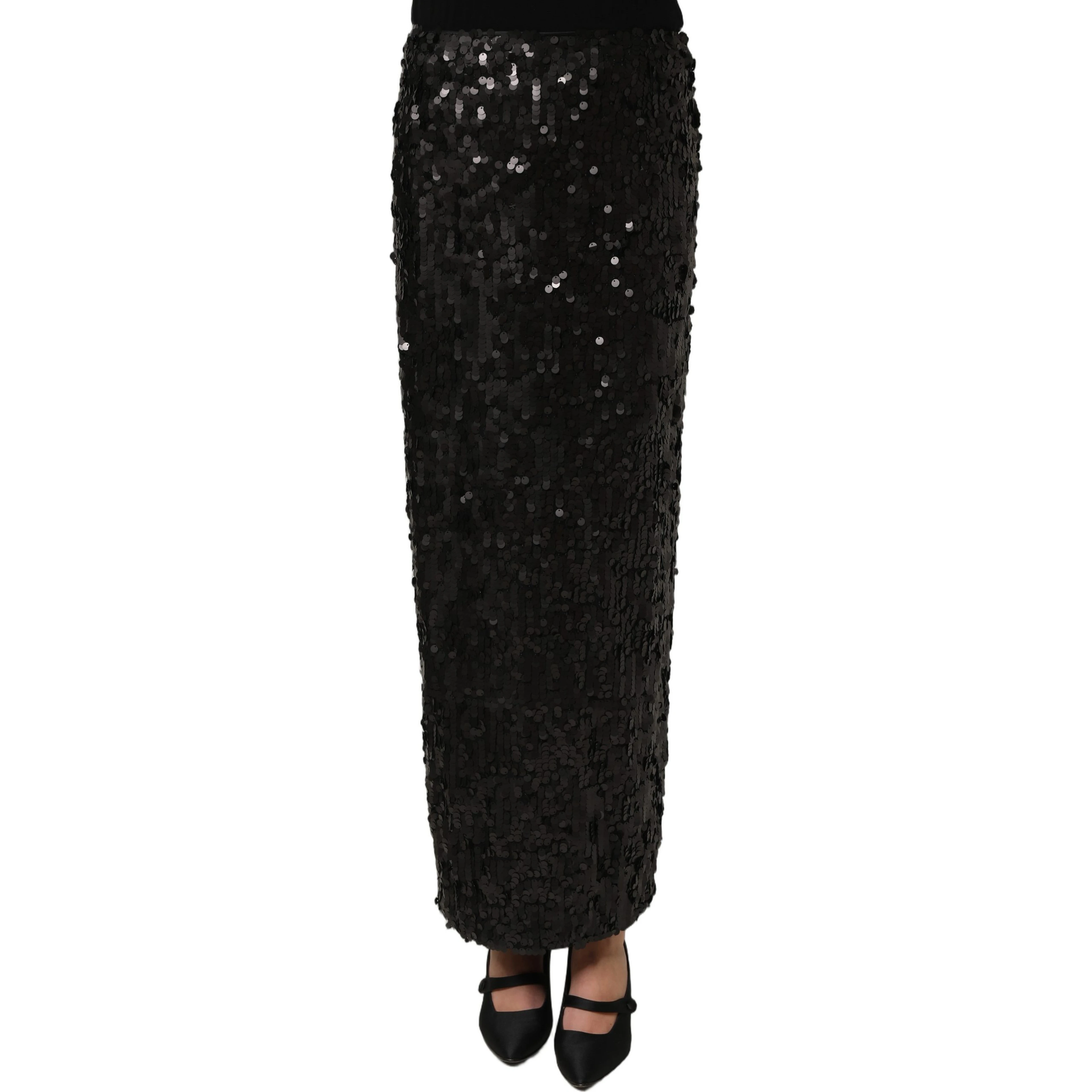 Black Sequin High Waist Pencil Midi Skirt