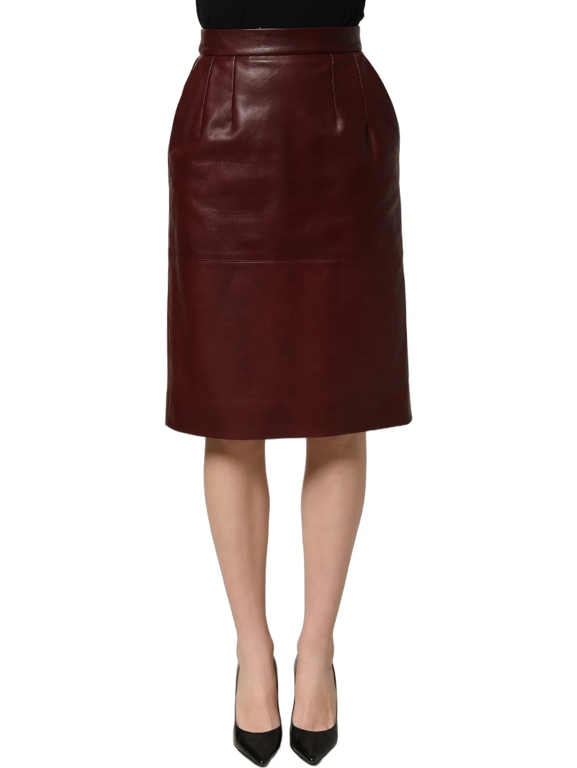 Burgundy Leather High Waist Pencil Midi Skirt