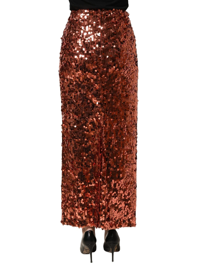Bronze Sequin HighWaist PencilCut Midi Skirt