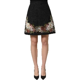 Black Floral Macramé High Waist A-line Skirt