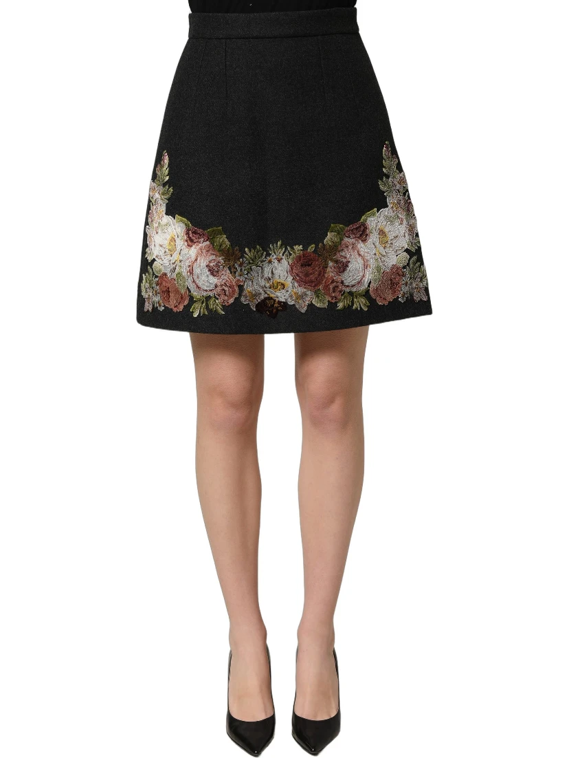 Black Floral Macramé High Waist A-line Skirt