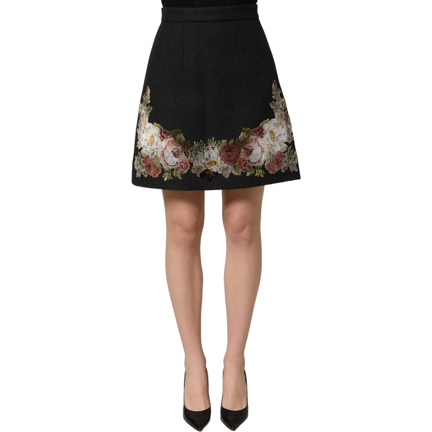 Black Floral Macramé High Waist A-line Skirt