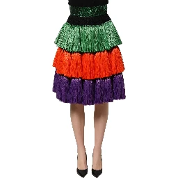 Multicolor Fringed High Waist Knee Length Skirt