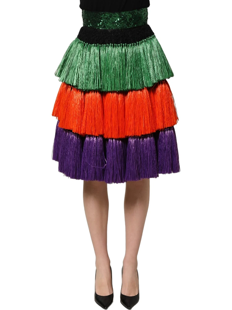 Multicolor Fringed High Waist Knee Length Skirt alternative