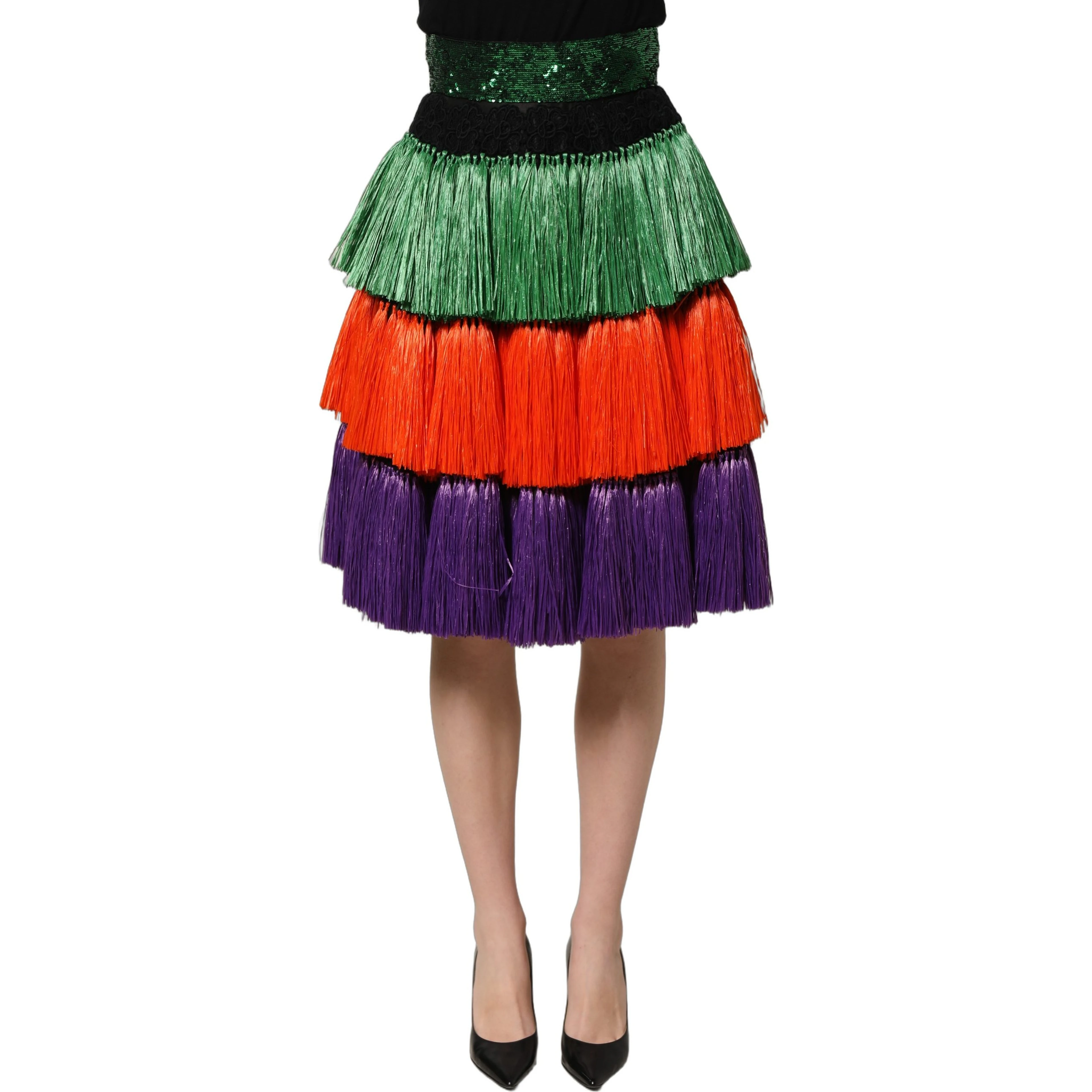 Multicolor Fringed High Waist Knee Length Skirt