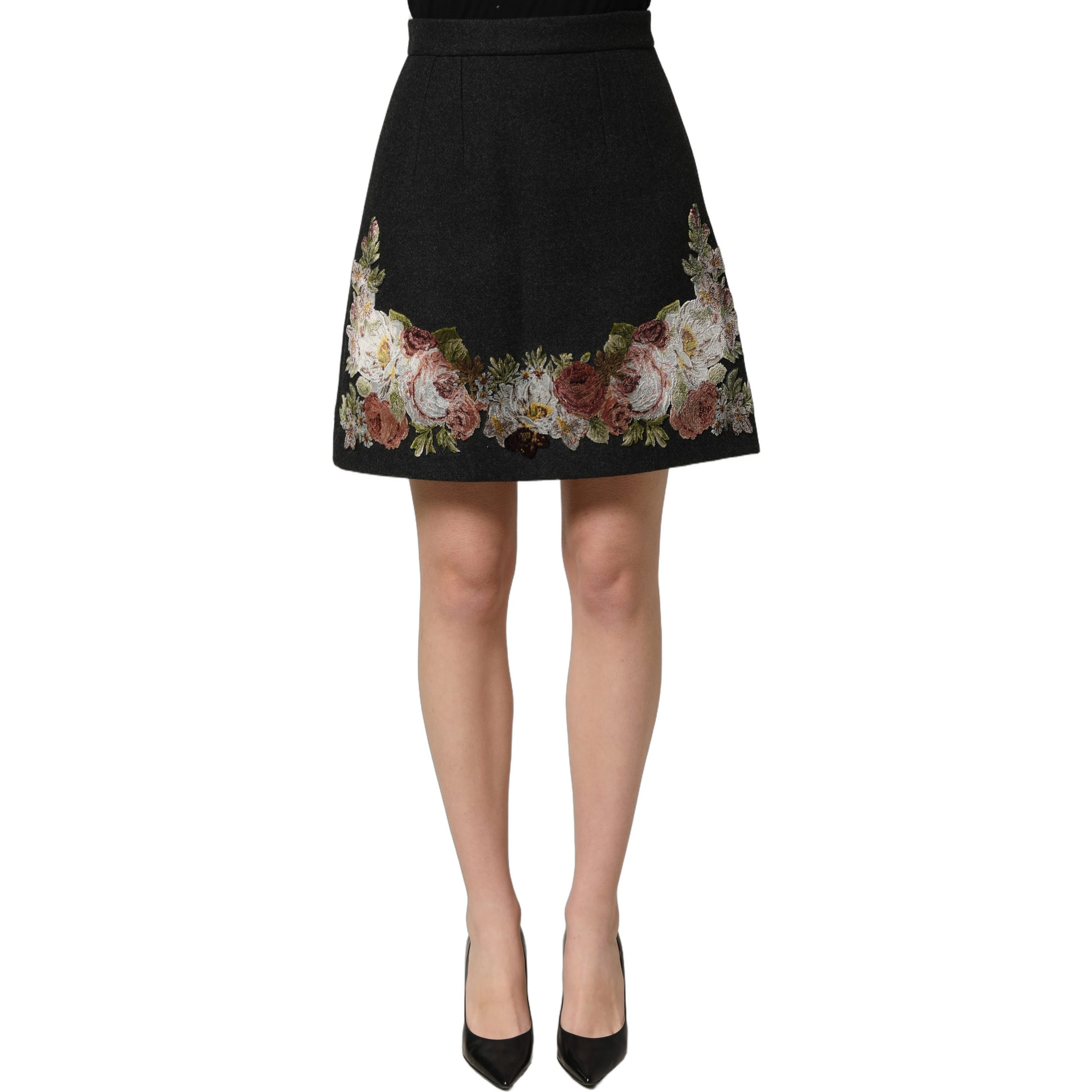 Black Floral Macramé High Waist A-line Skirt