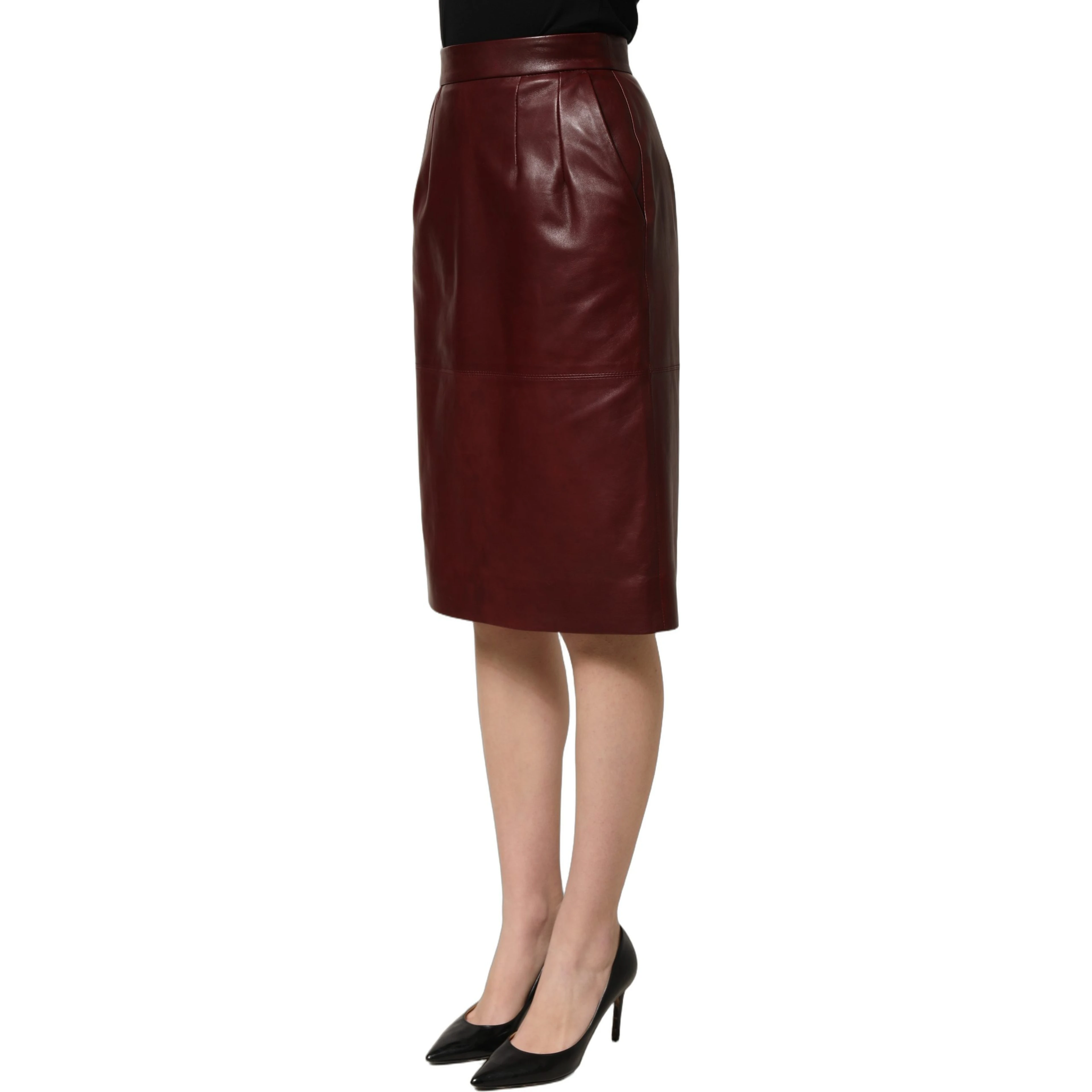 Burgundy Leather High Waist Pencil Midi Skirt