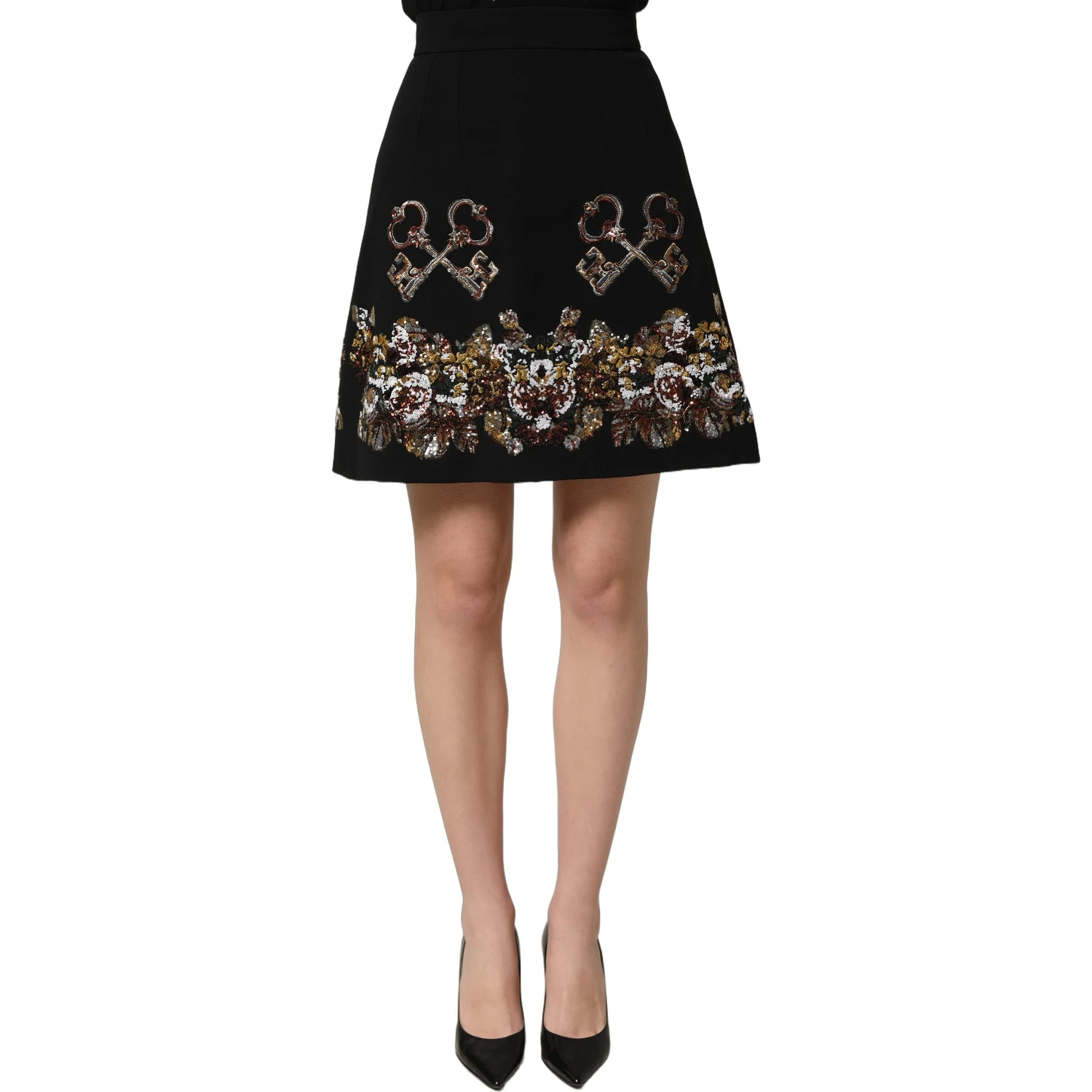 Black Floral Embellished A-line Mini Skirt