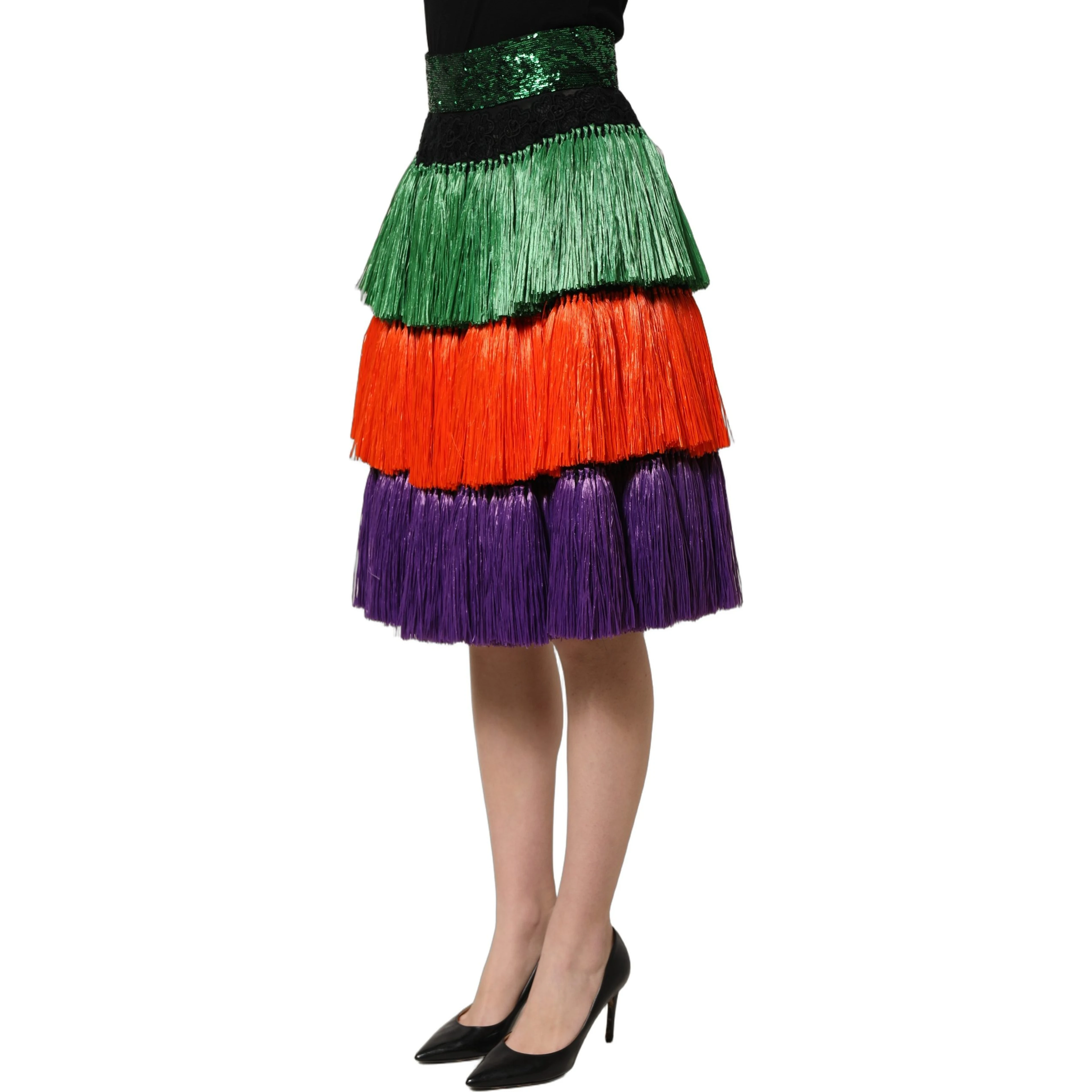 Multicolor Fringed High Waist Knee Length Skirt
