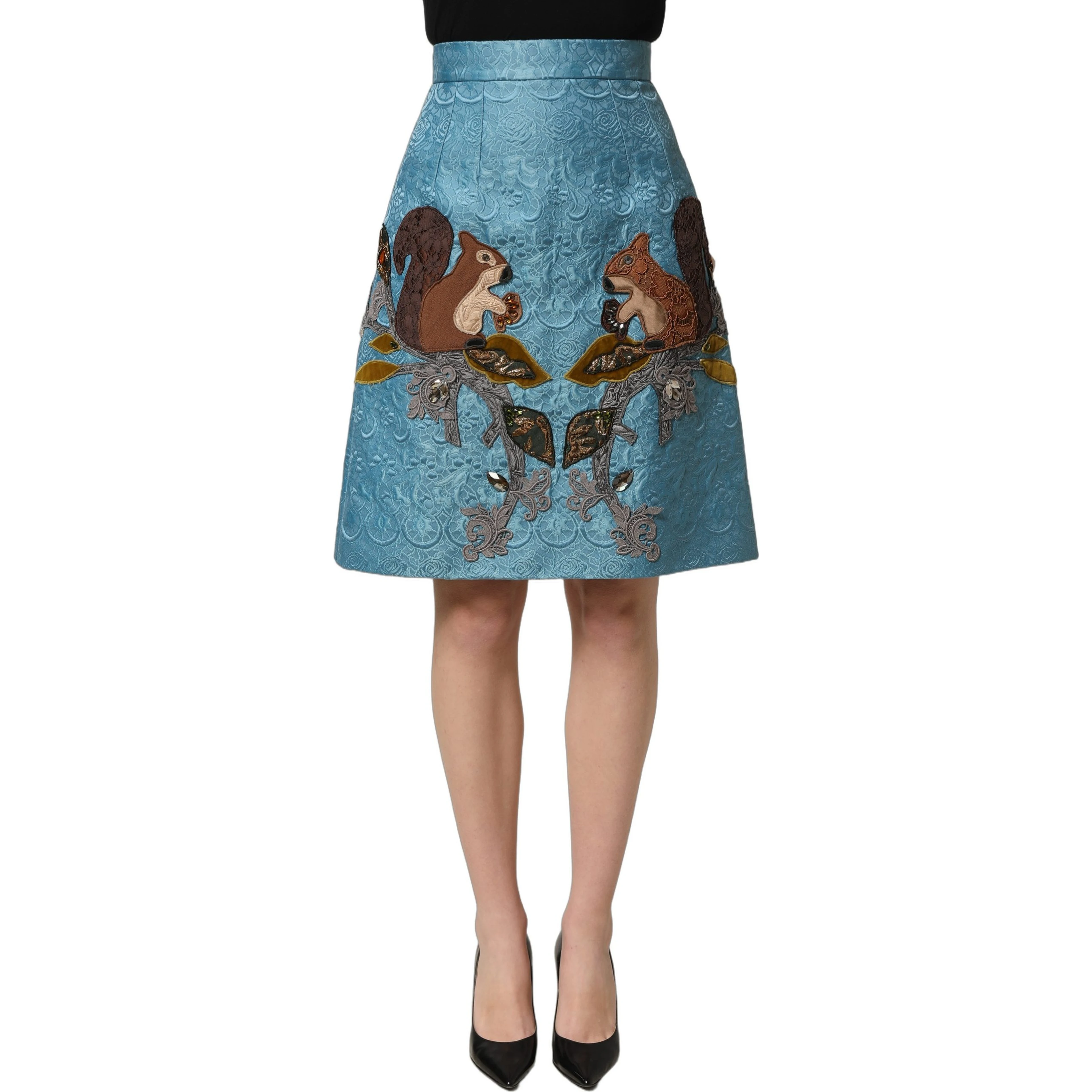 Blue Jacquard Embroidered A-line Skirt