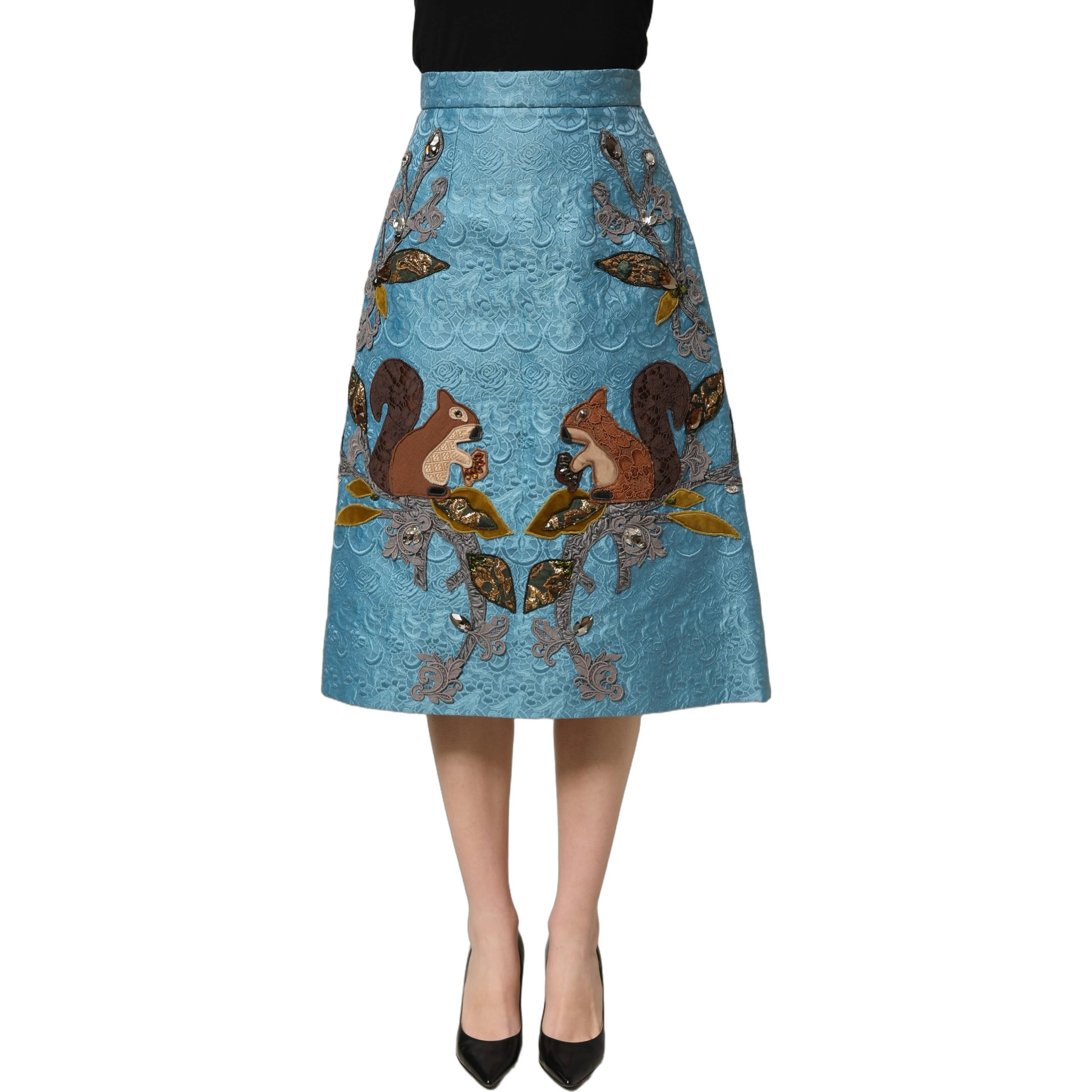 Blue Jacquard Embroidered A-line Midi Skirt
