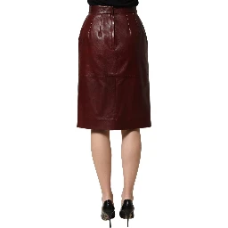 Burgundy Leather High Waist Pencil Midi Skirt