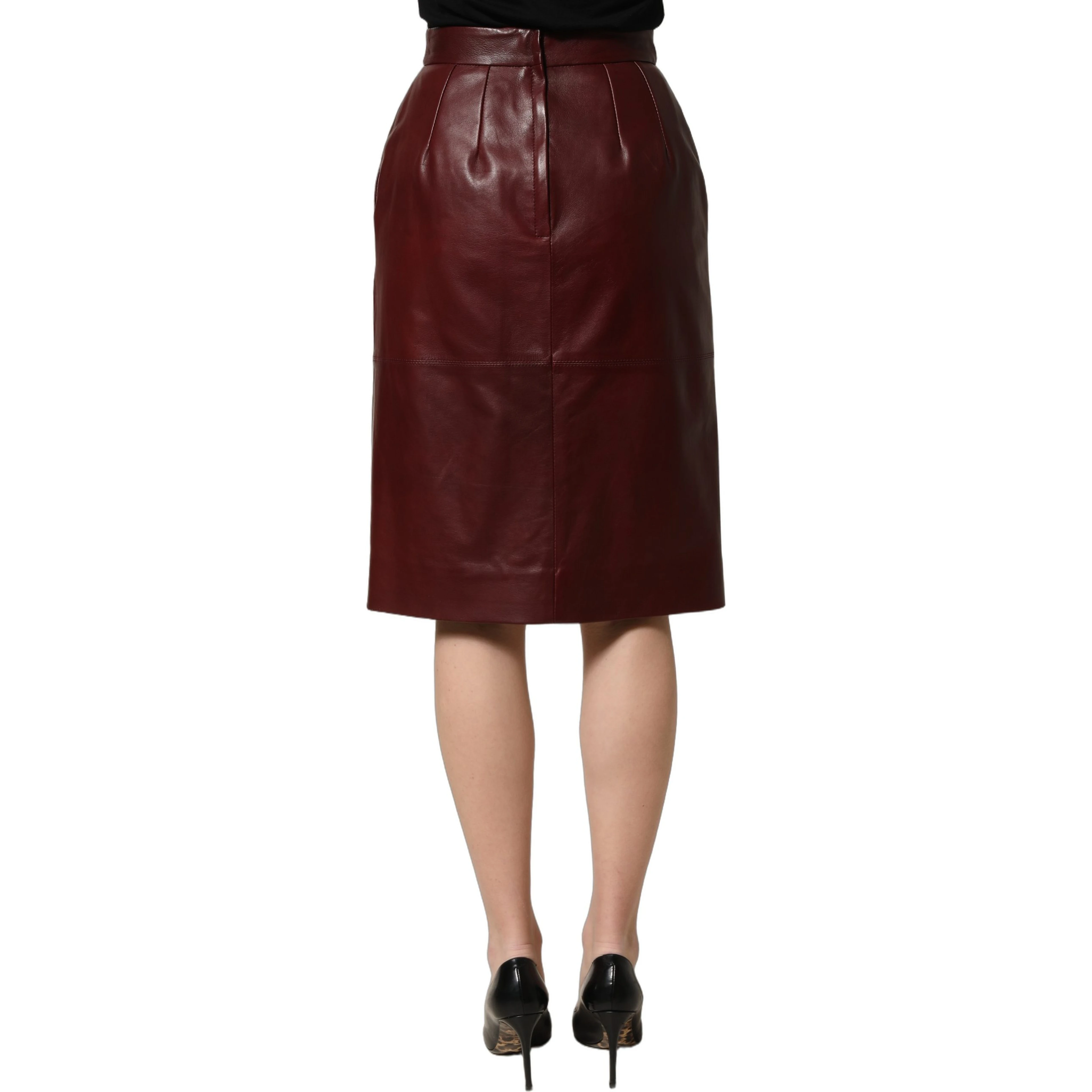 Burgundy Leather High Waist Pencil Midi Skirt