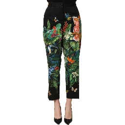 Black Tropical Print Cotton HighWaist Pants