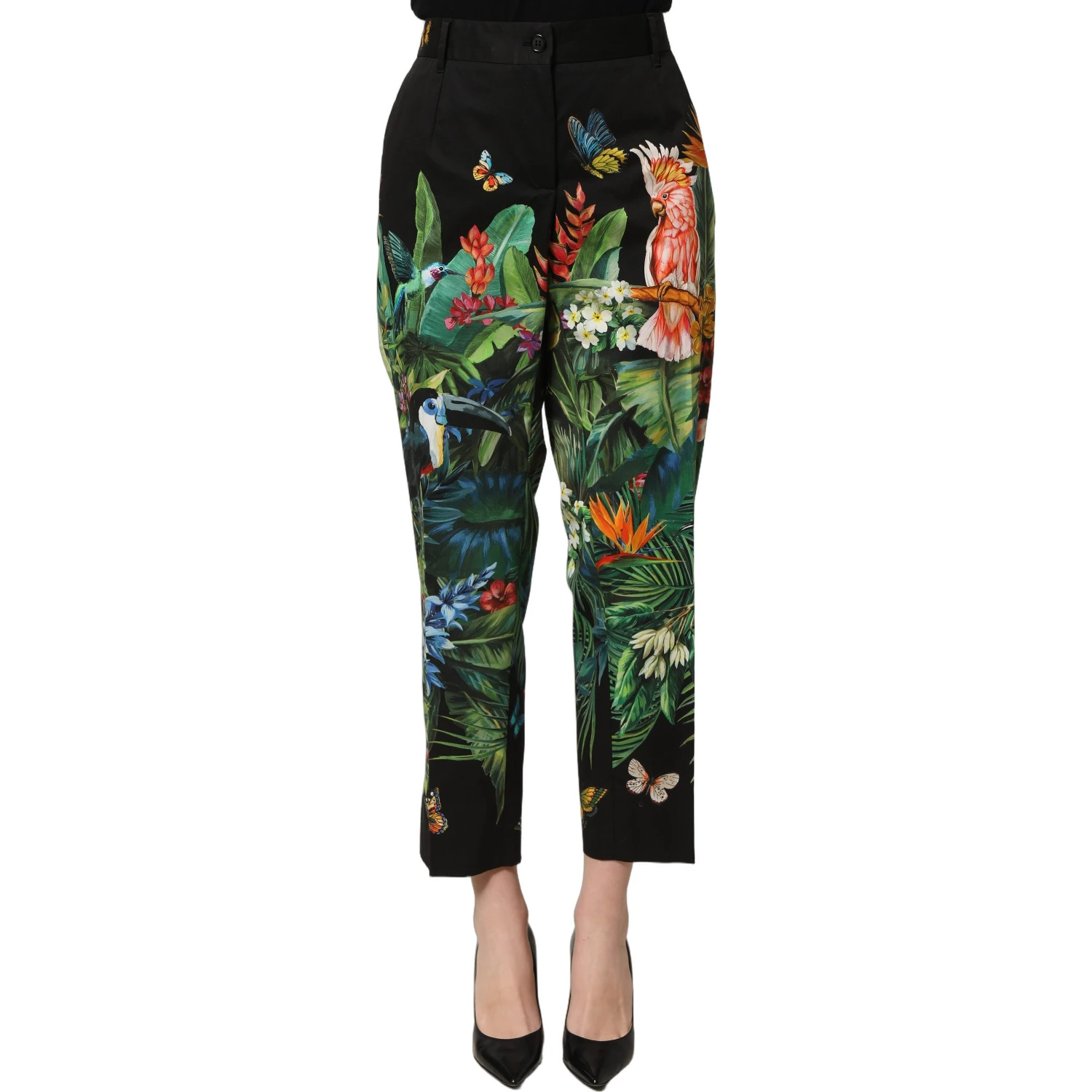 Black Tropical Print Cotton HighWaist Pants
