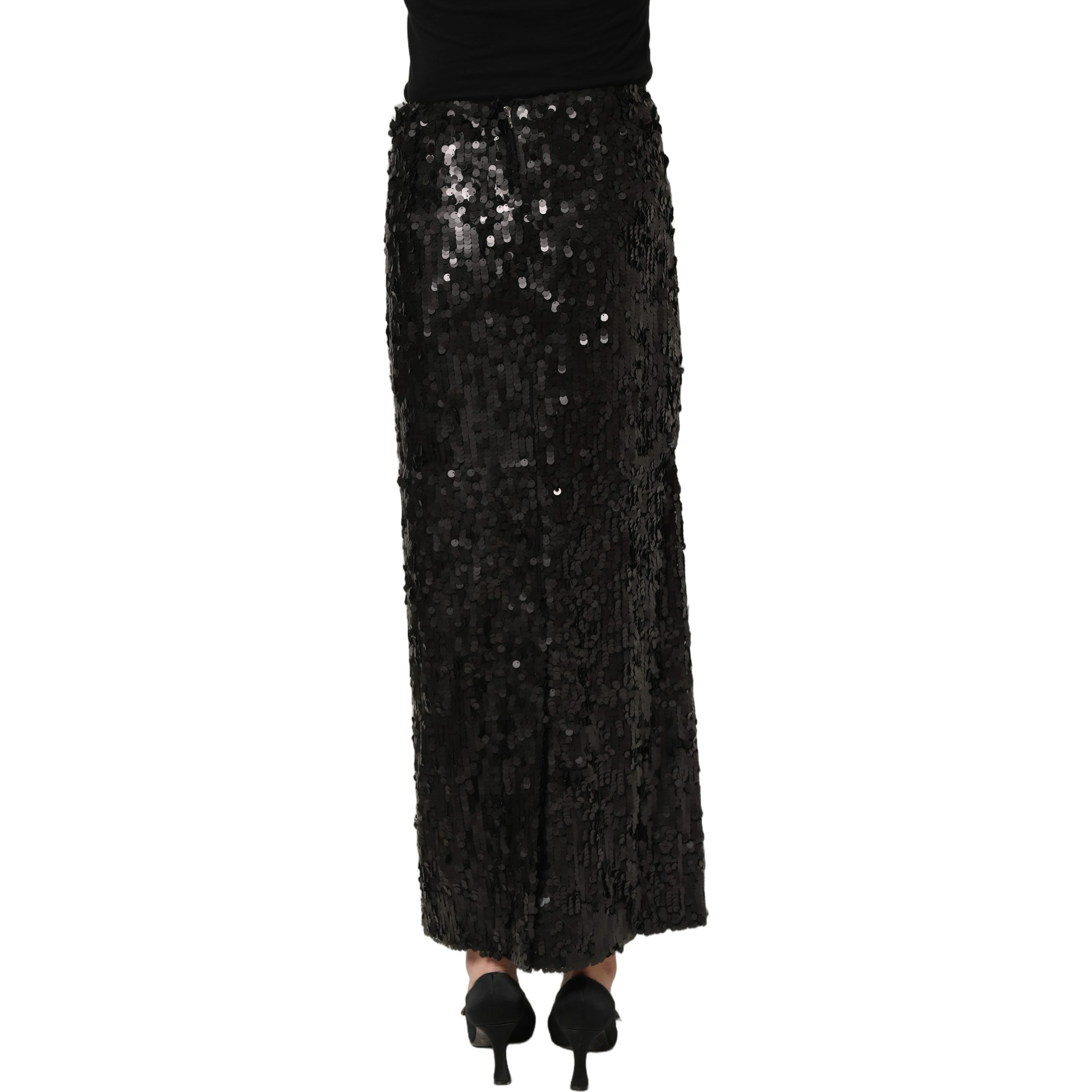 Black Sequin High Waist Pencil Midi Skirt