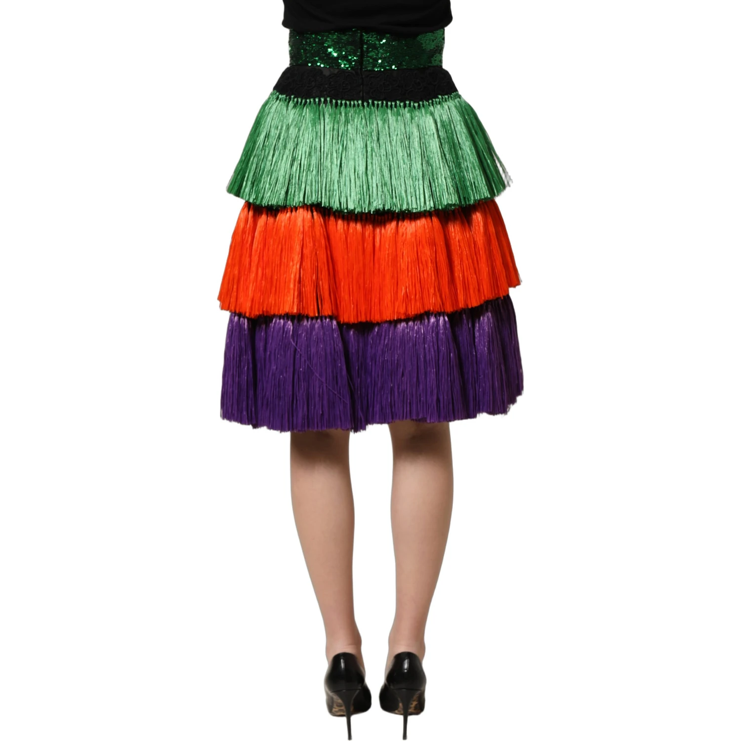 Multicolor Fringed High Waist Knee Length Skirt