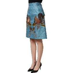 Blue Jacquard Embroidered A-line Skirt