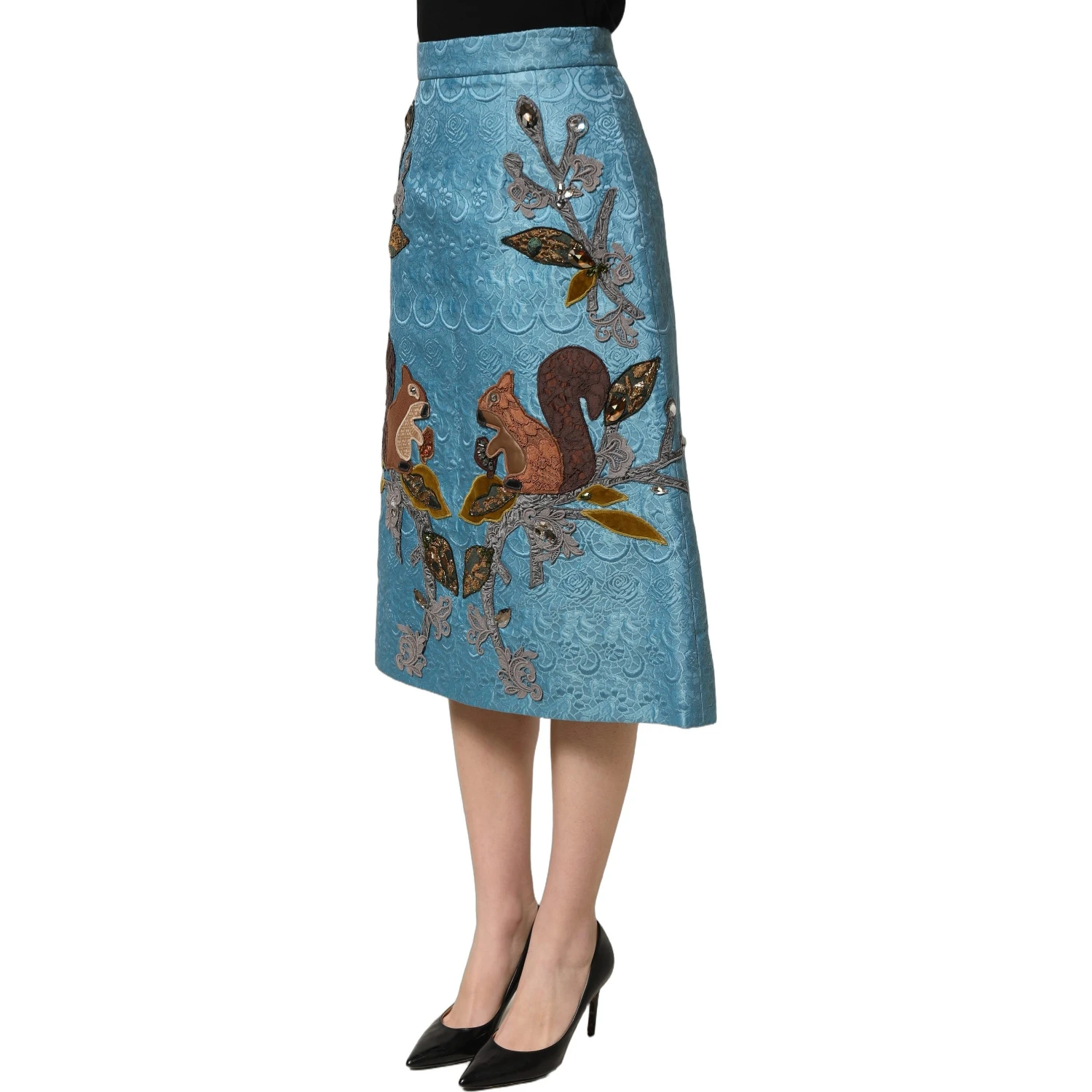 Blue Jacquard Embroidered A-line Midi Skirt