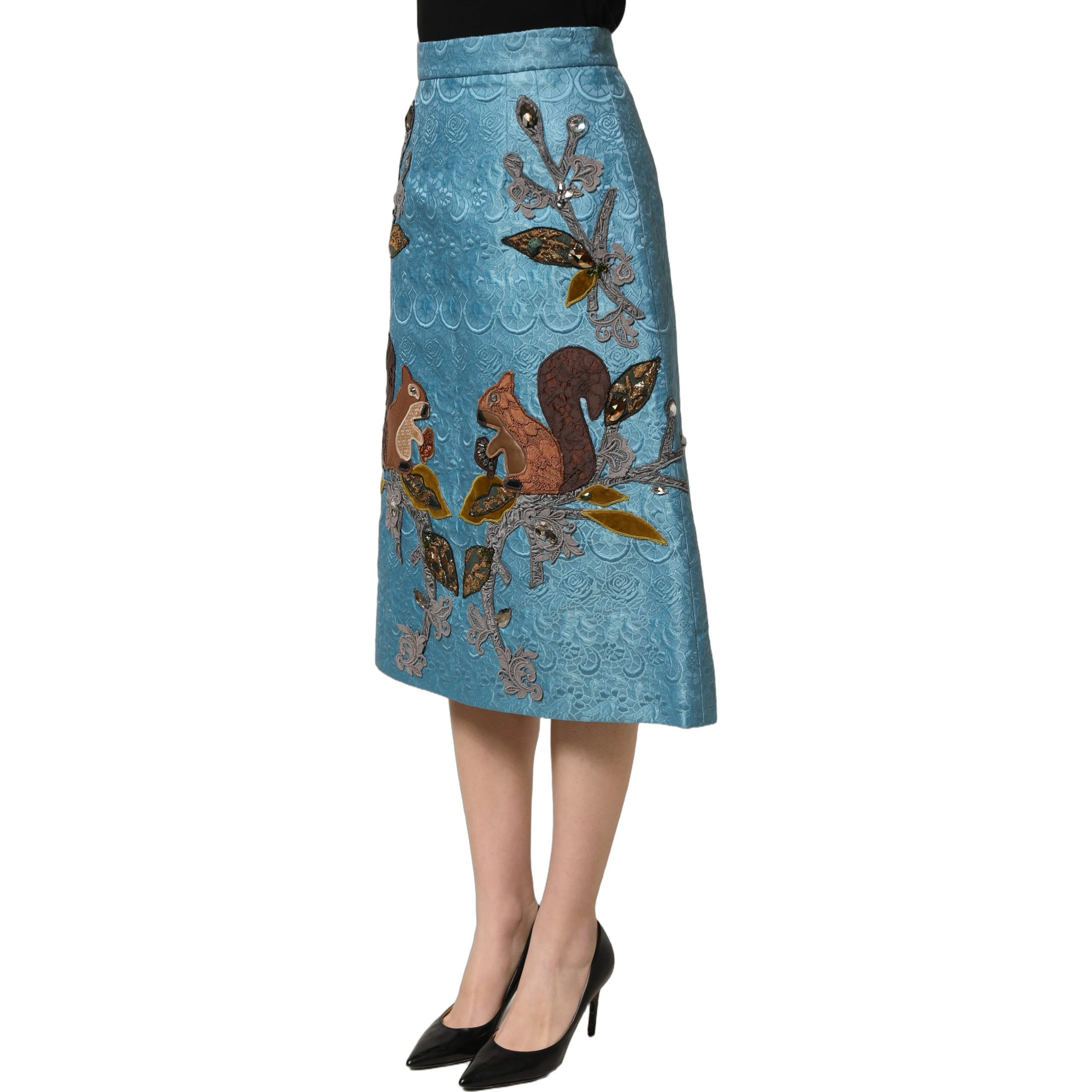 Blue Jacquard Embroidered A-line Midi Skirt