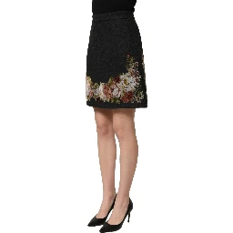 Black Floral Macramé High Waist A-line Skirt