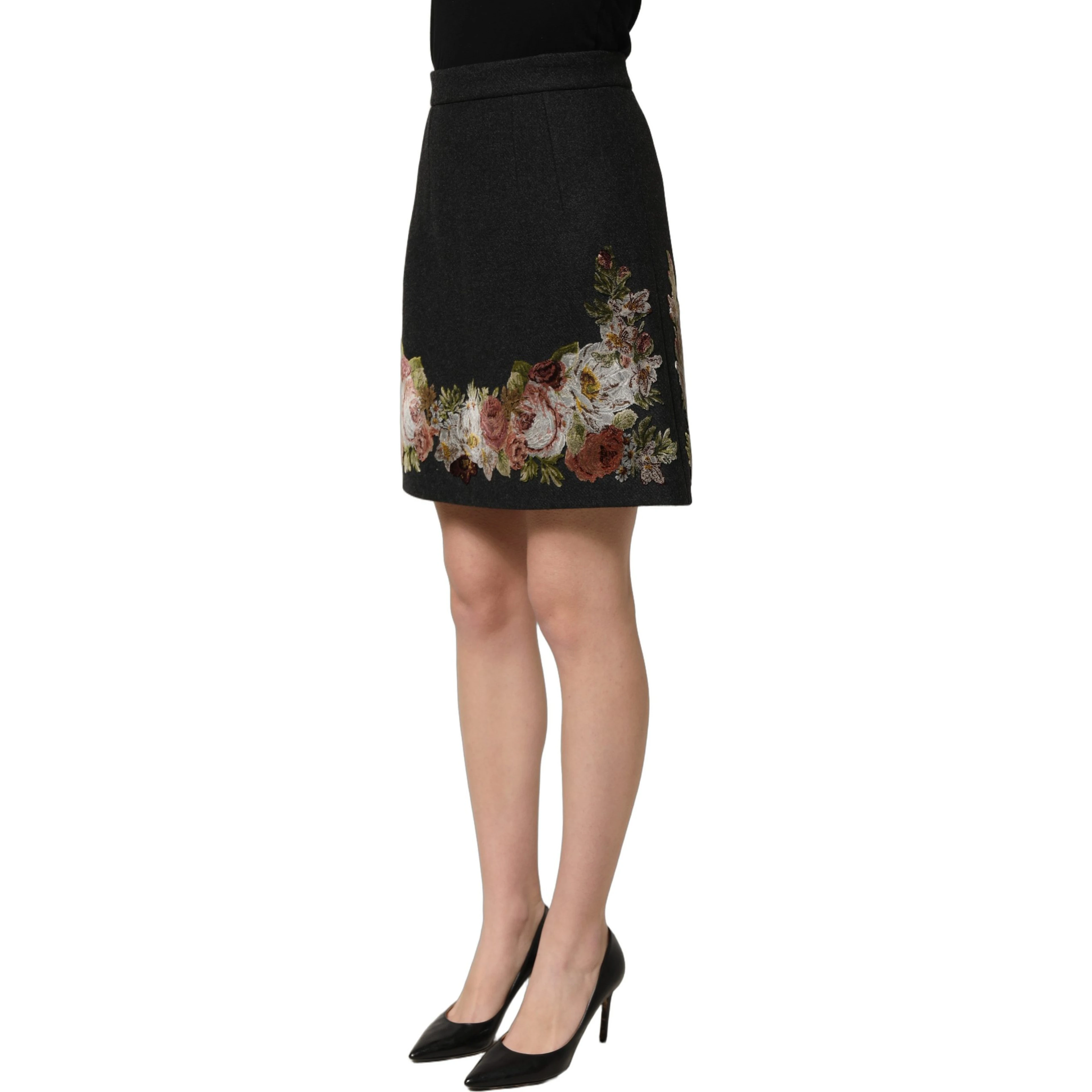 Black Floral Macramé High Waist A-line Skirt