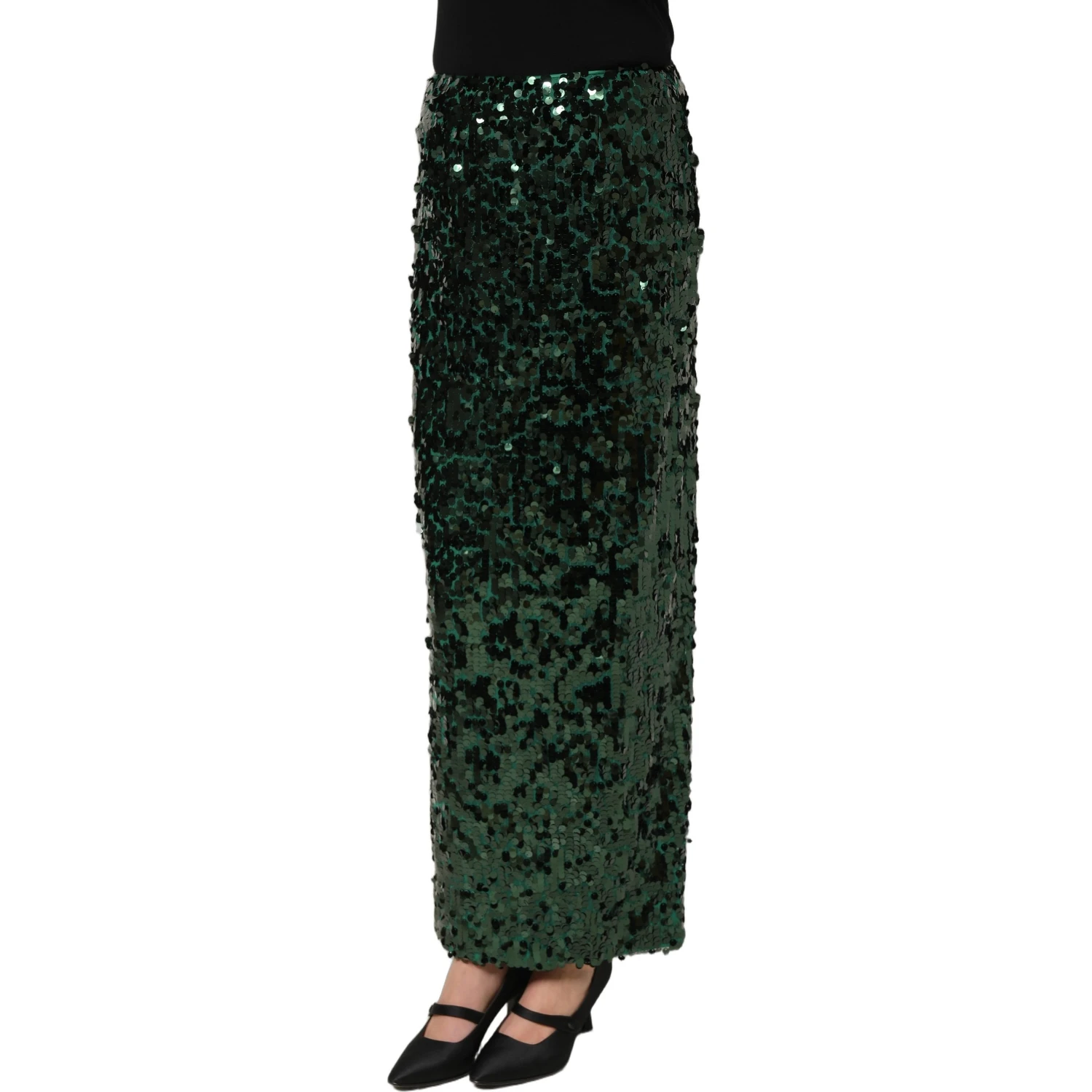 Green Sequin High Waist Pencil Cut Midi Skirt