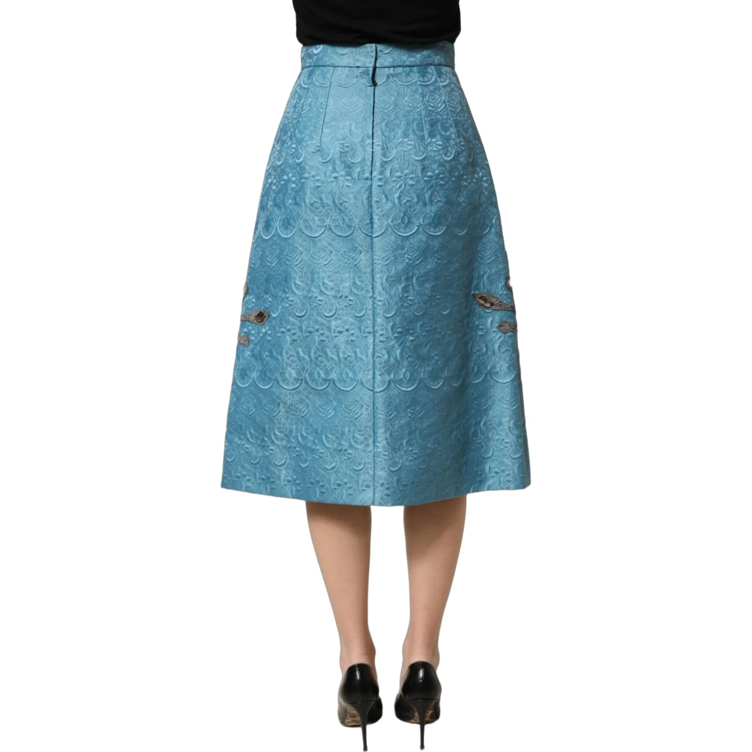 Blue Jacquard Embroidered A-line Midi Skirt