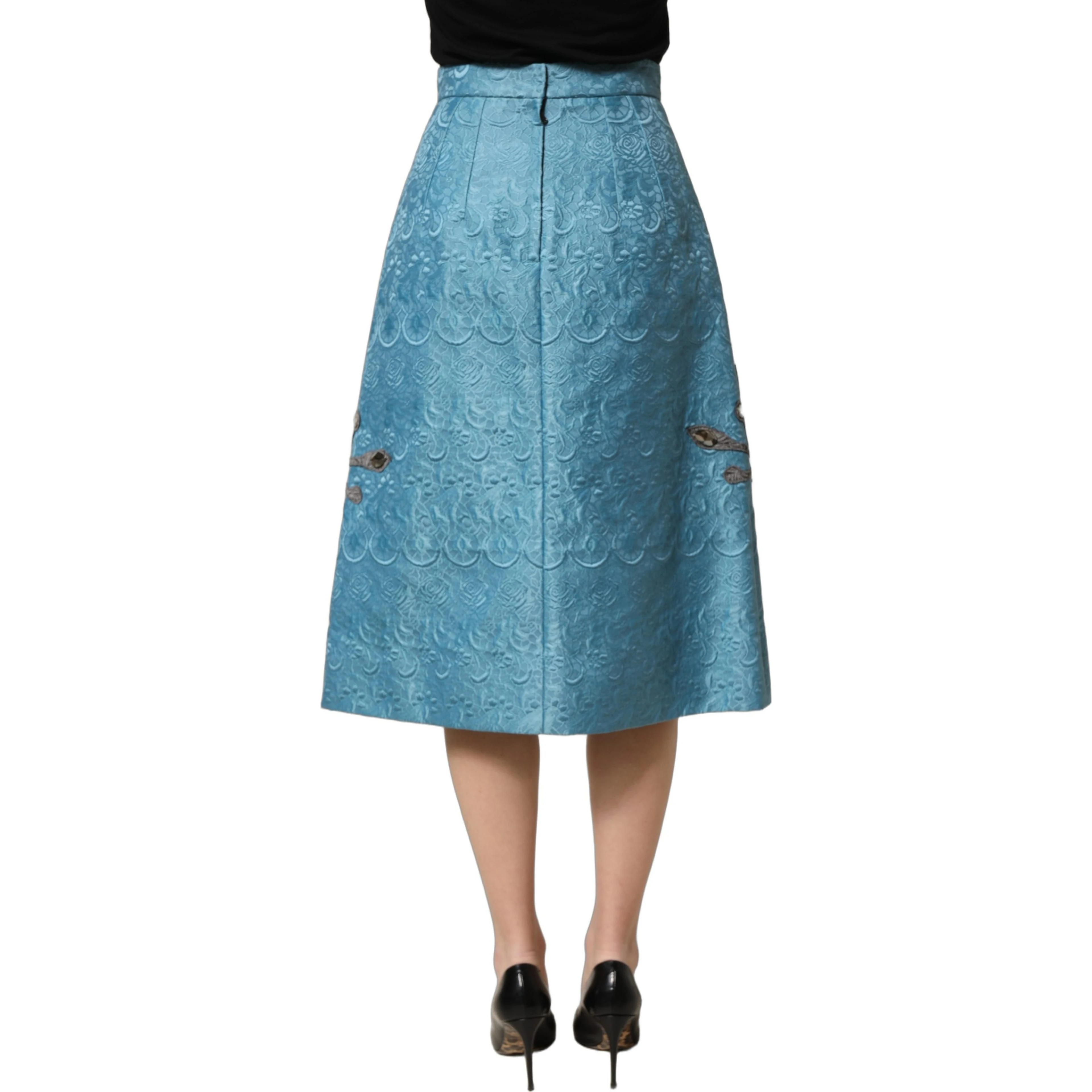 Blue Jacquard Embroidered A-line Midi Skirt