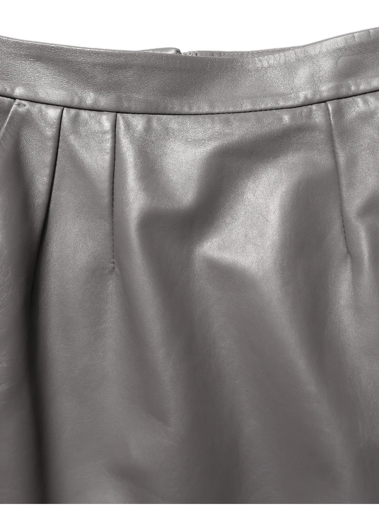 Gray Leather High Waist Pencil Cut Midi Skirt