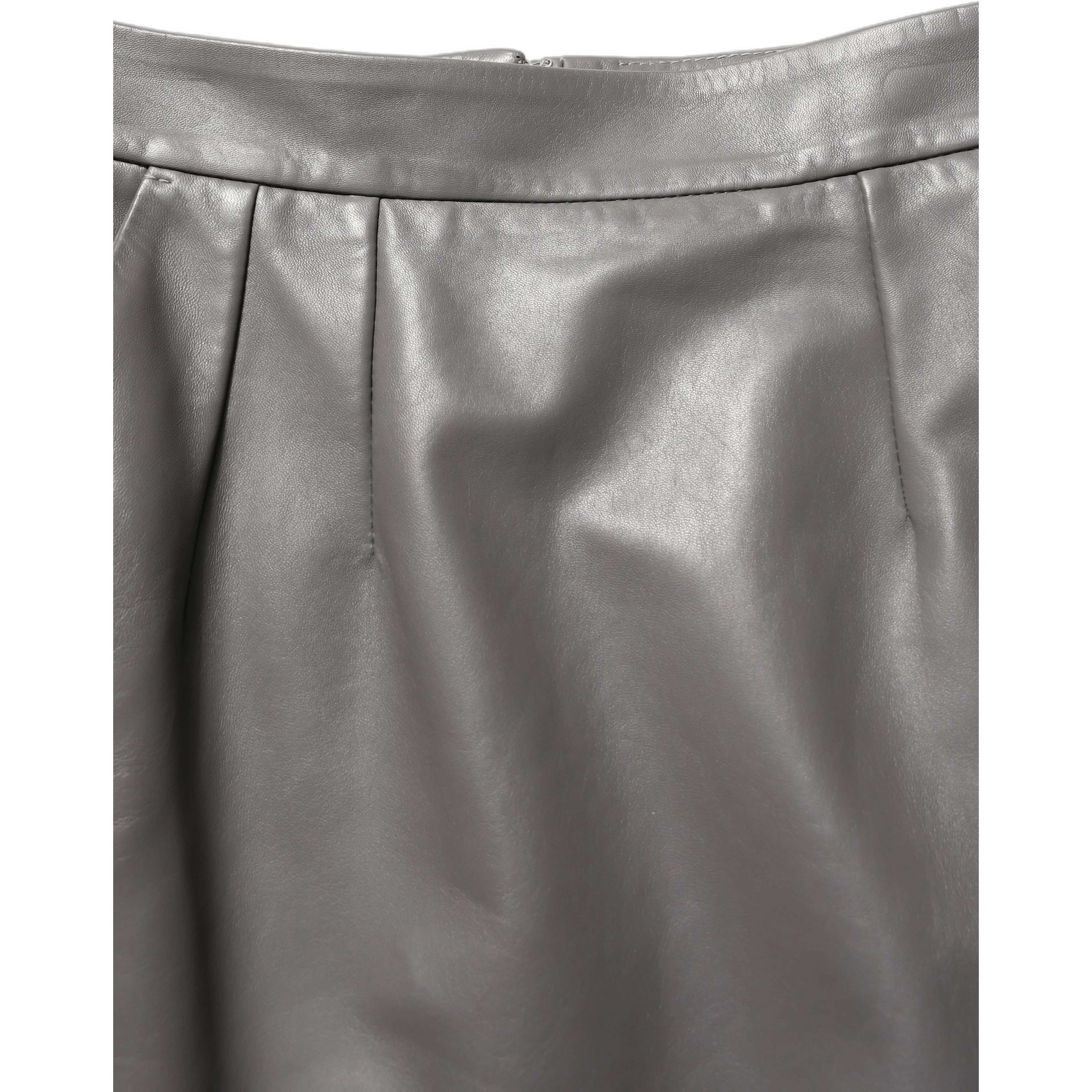 Gray Leather High Waist Pencil Cut Midi Skirt