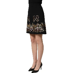 Black Floral Embellished A-line Mini Skirt