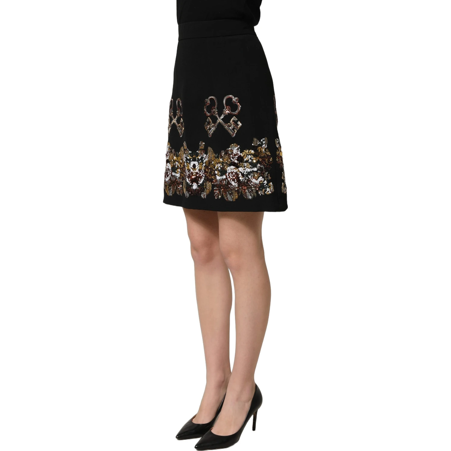 Black Floral Embellished A-line Mini Skirt