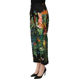 Black Tropical Print Cotton HighWaist Pants