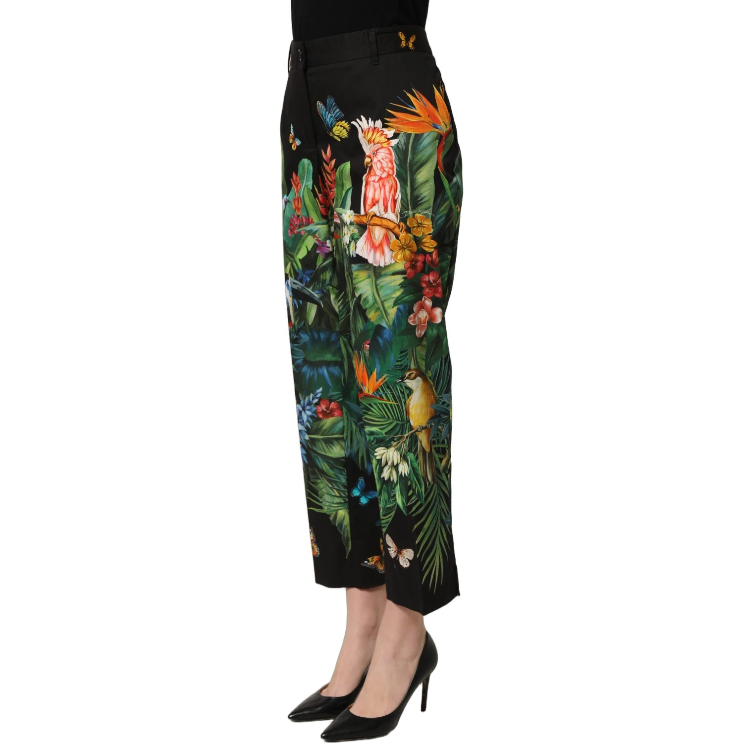 Black Tropical Print Cotton HighWaist Pants