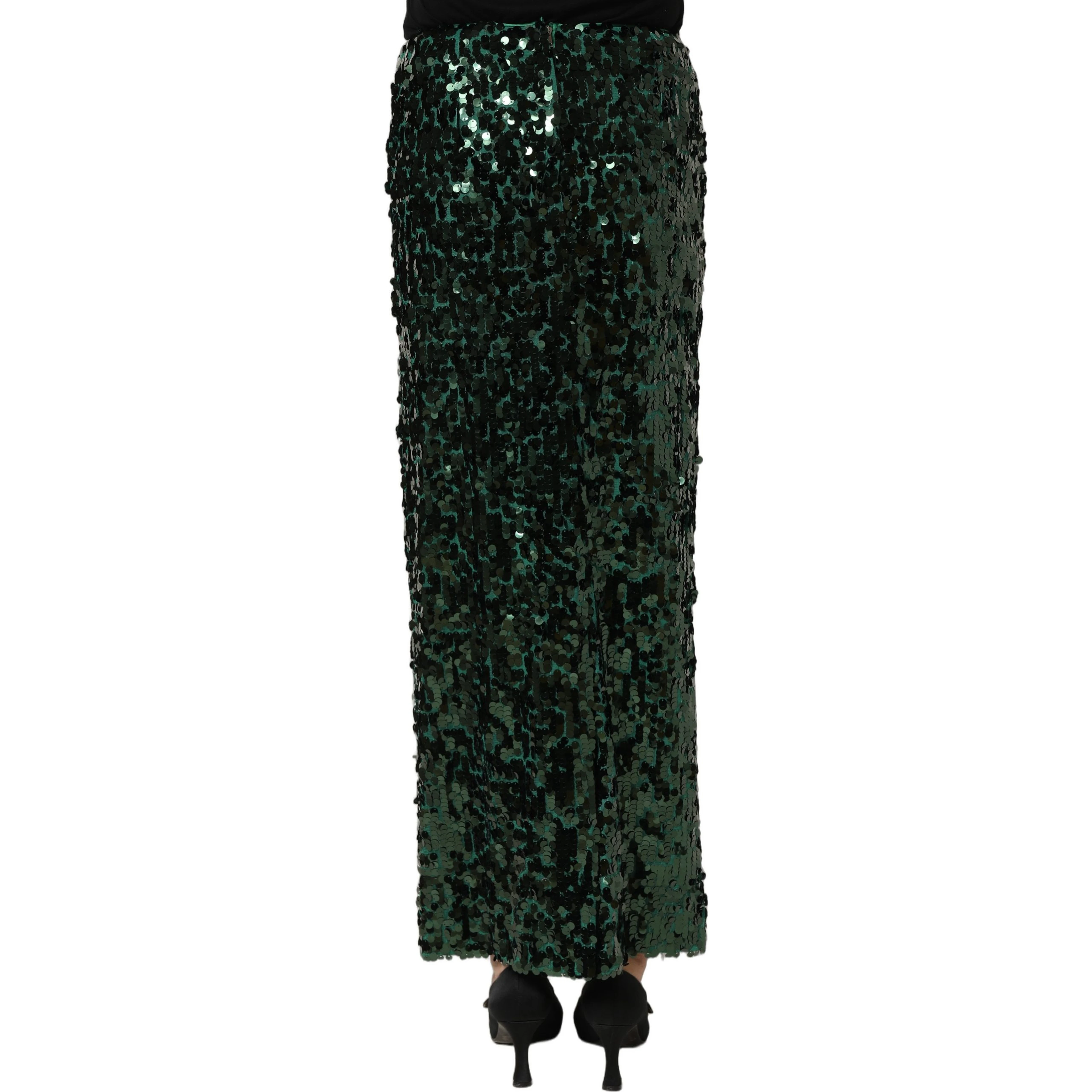 Green Sequin High Waist Pencil Cut Midi Skirt