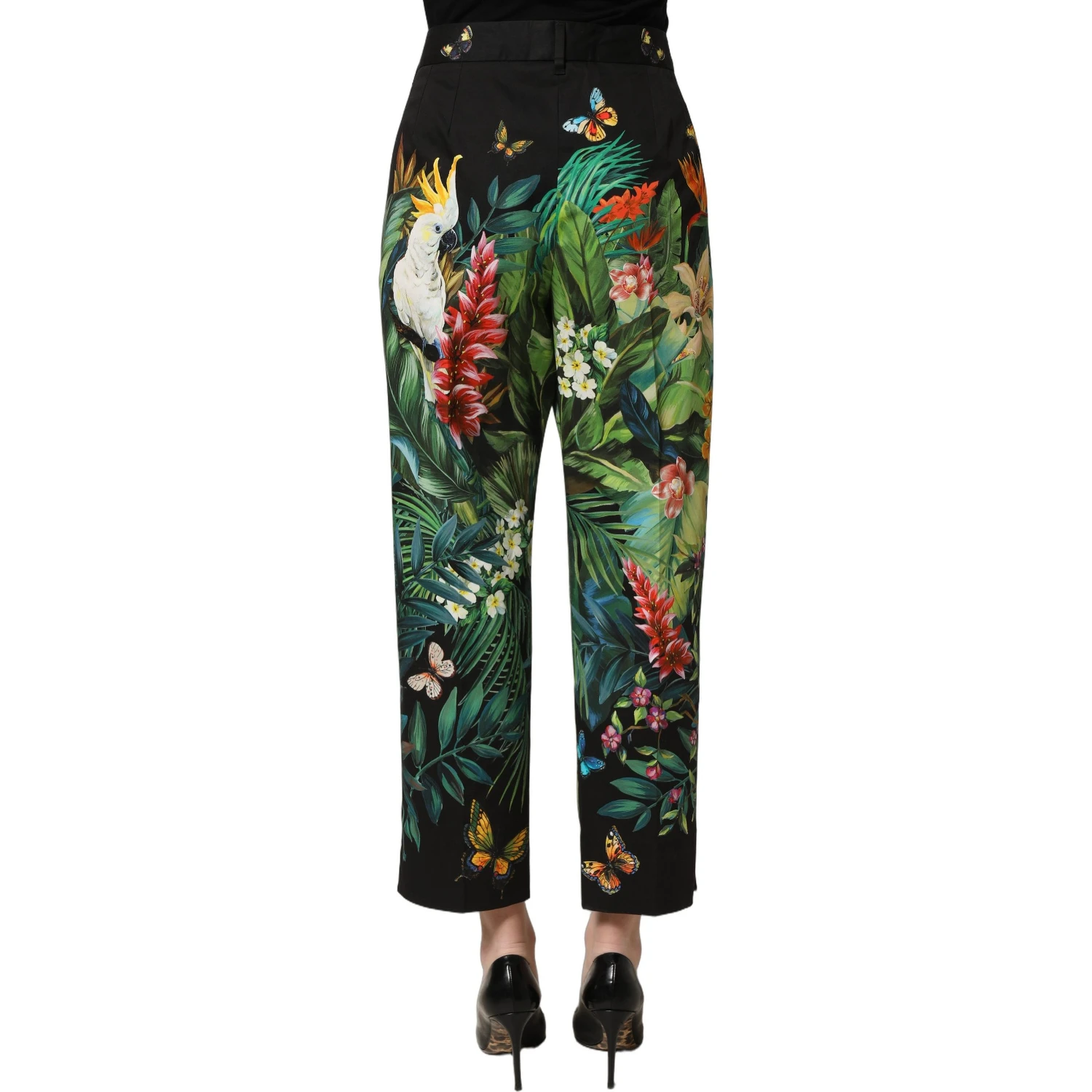 Black Tropical Print Cotton HighWaist Pants