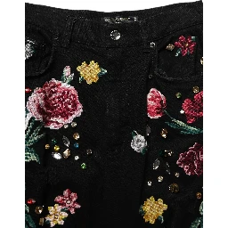 Black Floral Cotton High Waist Tapered Pants