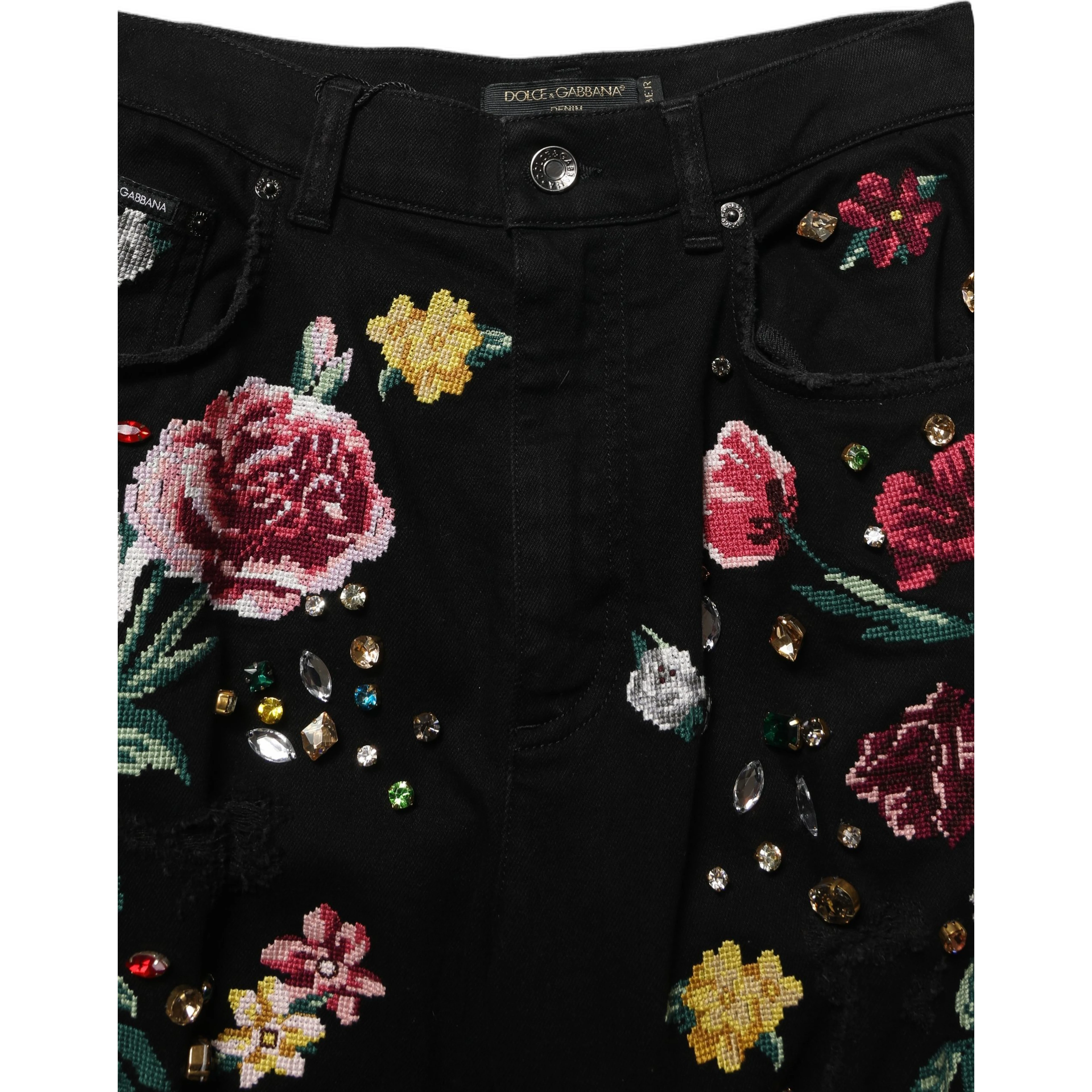 Black Floral Cotton High Waist Tapered Pants
