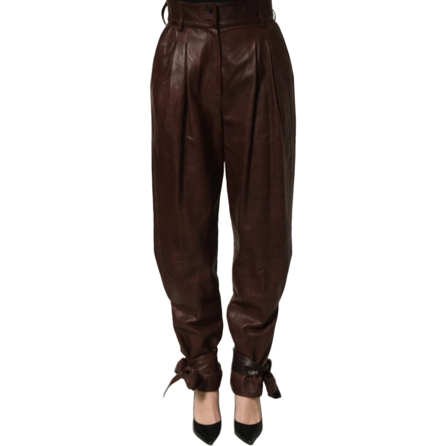 Brown Leather High Waist Tapered Leg Pants