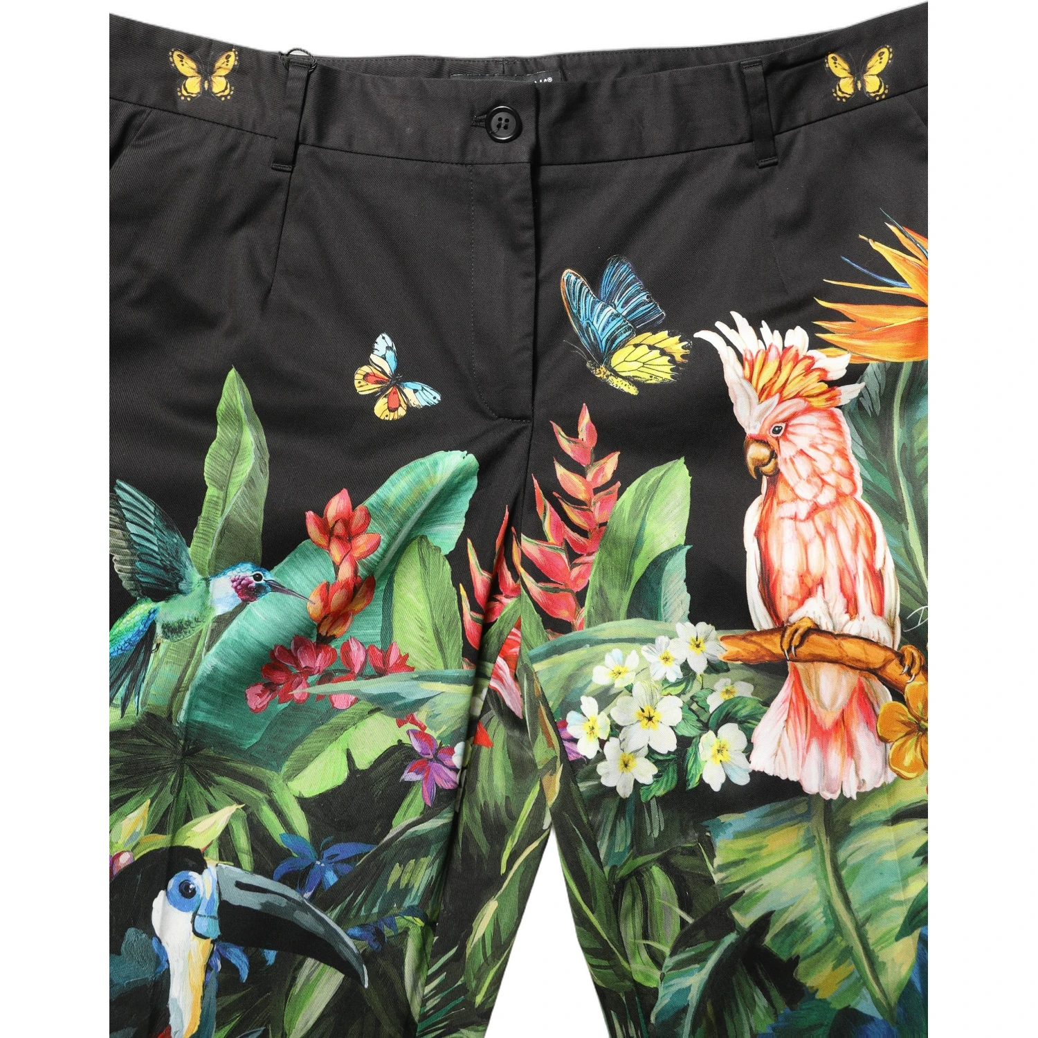 Black Tropical Print Cotton HighWaist Pants