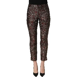 Burgundy Grey Floral Jacquard Straight Pants