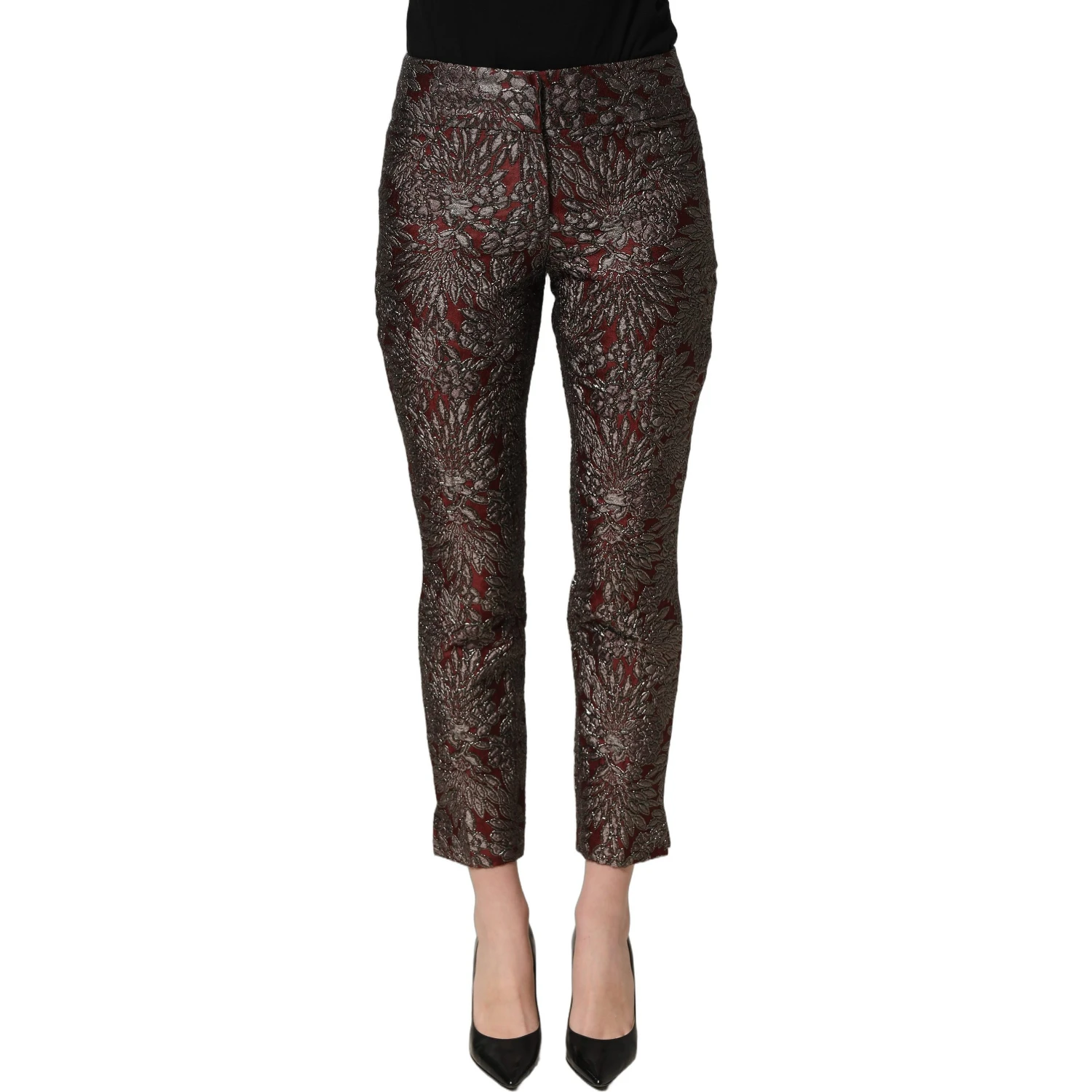Burgundy Grey Floral Jacquard Straight Pants