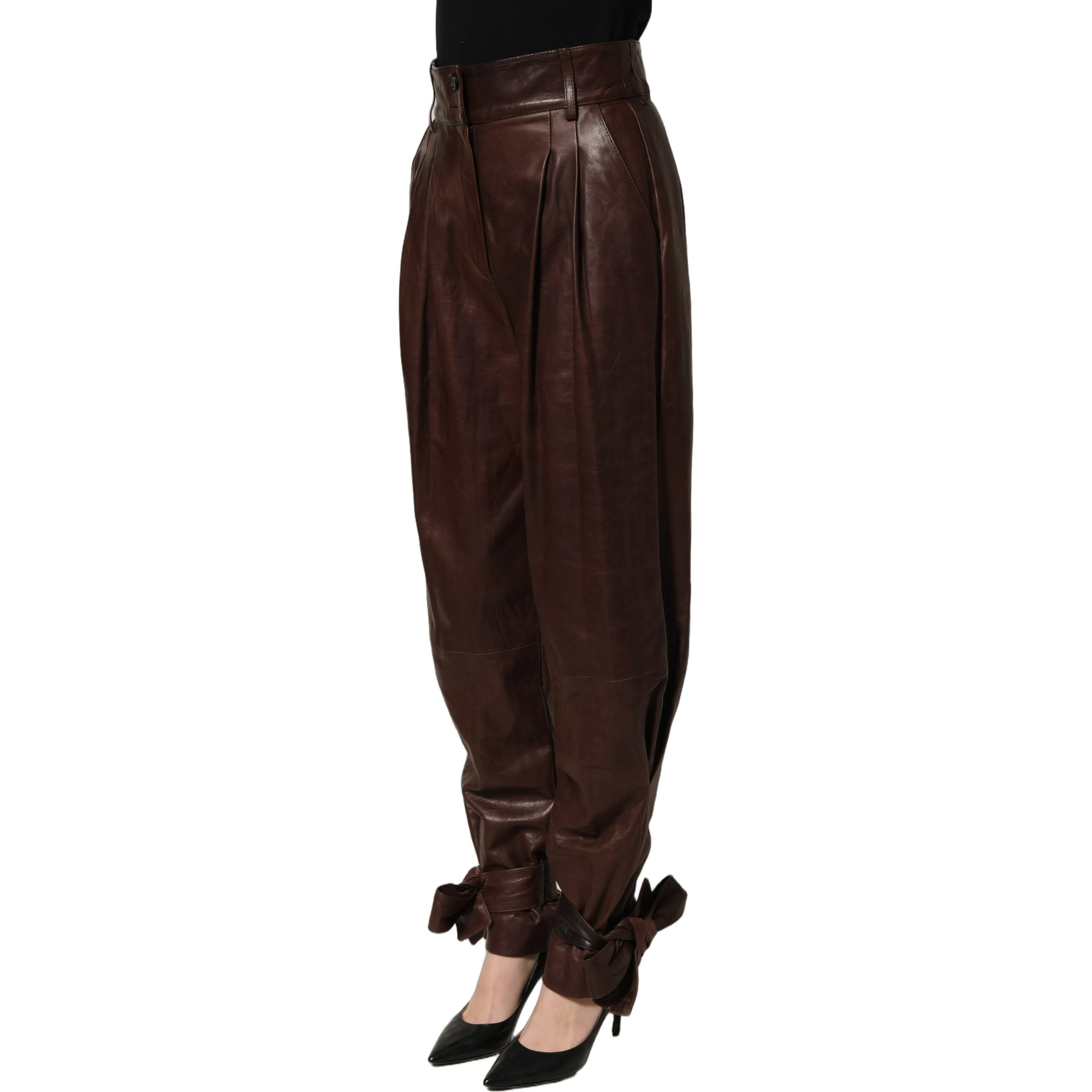 Brown Leather High Waist Tapered Leg Pants