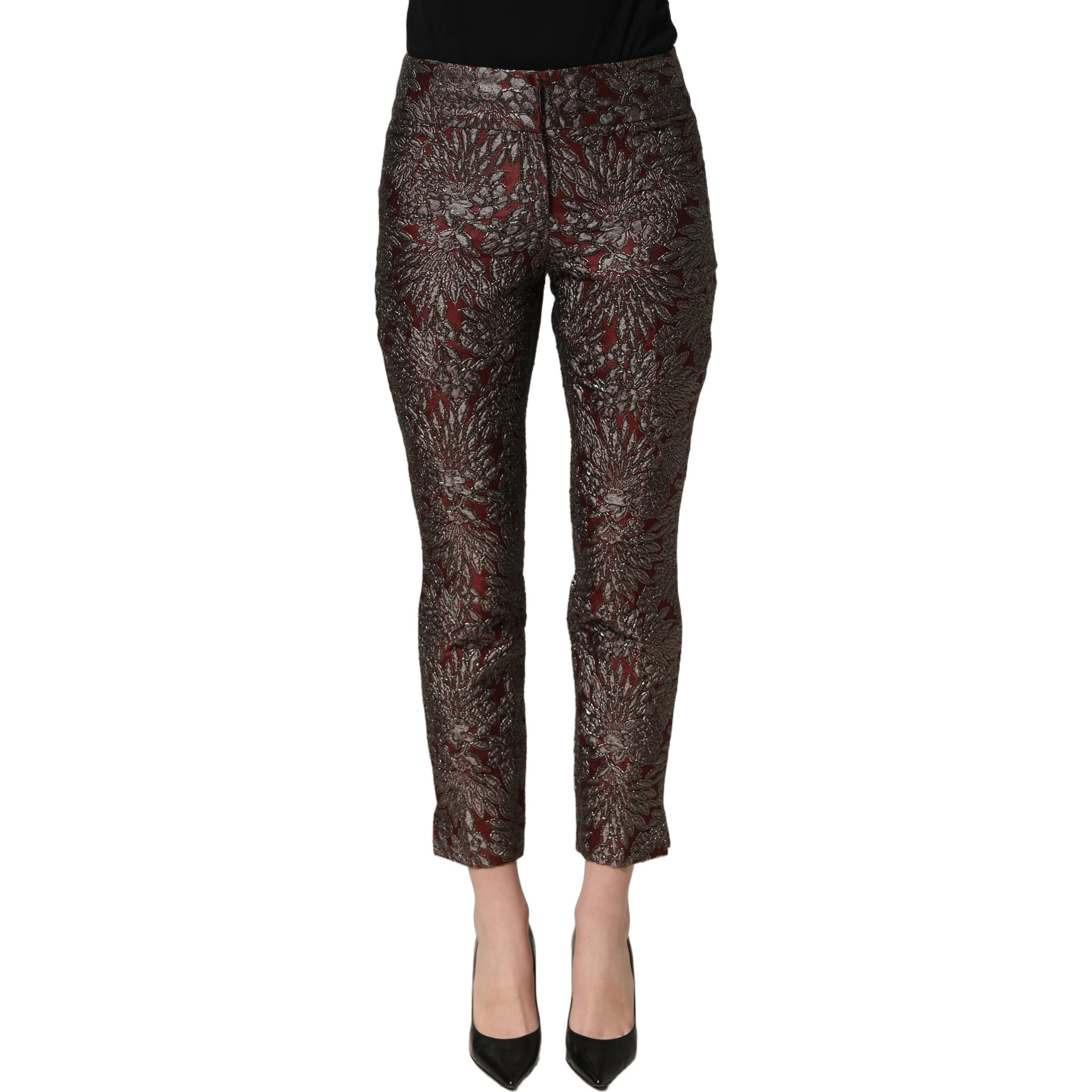 Burgundy Grey Floral Jacquard Straight Pants