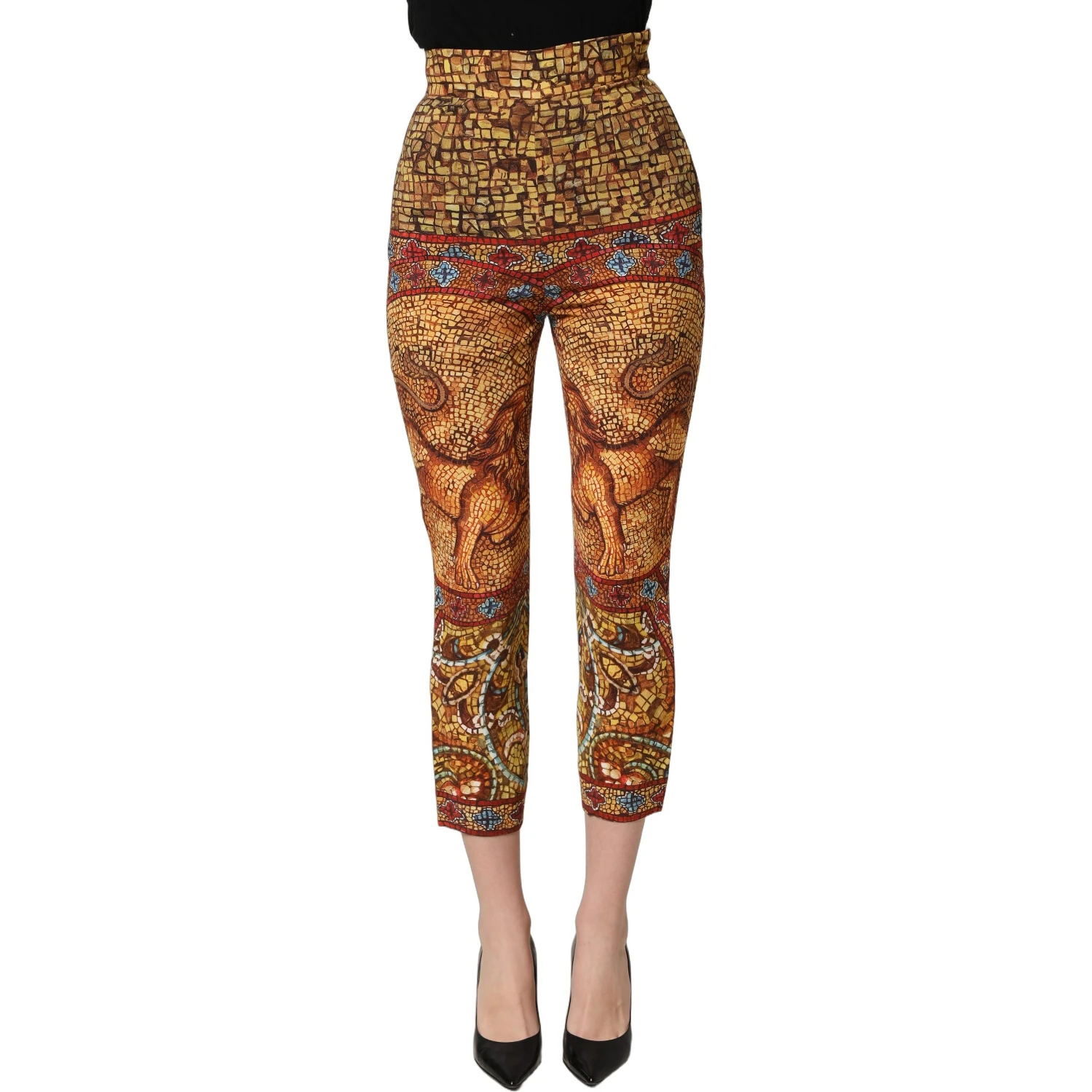 Multicolor Mosaic Print Crepe Cropped Trouser Pants