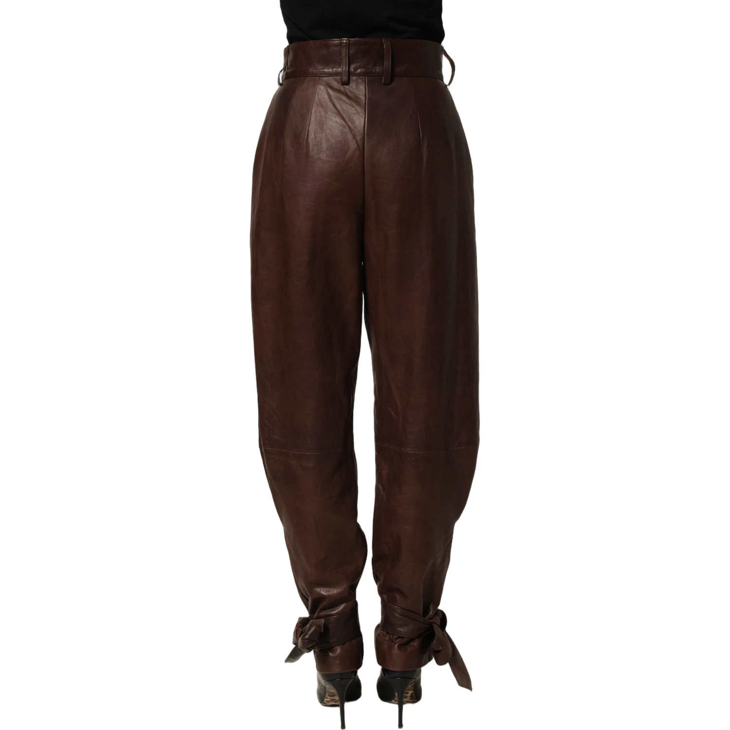 Brown Leather High Waist Tapered Leg Pants