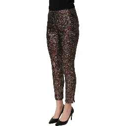 Burgundy Grey Floral Jacquard Straight Pants
