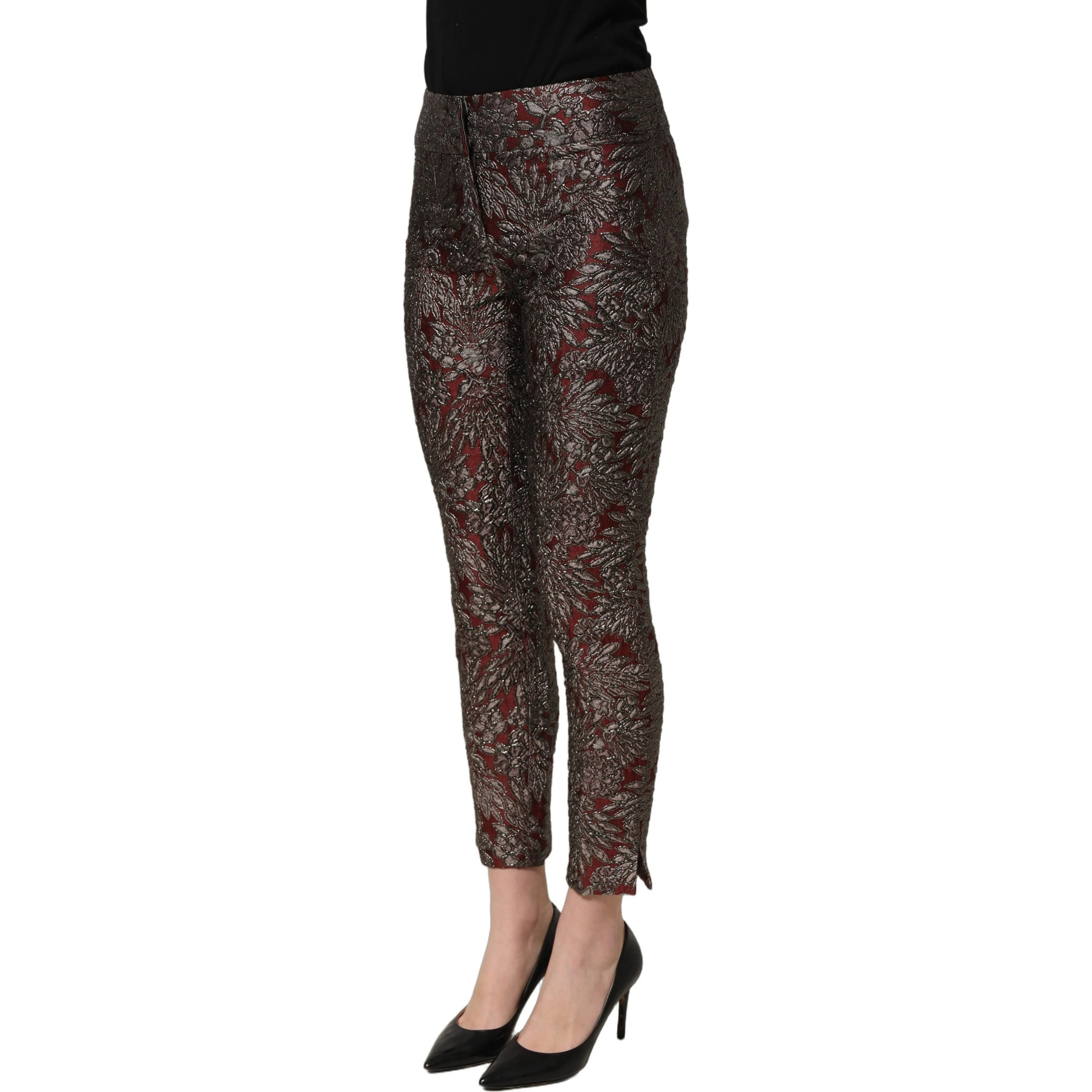 Burgundy Grey Floral Jacquard Straight Pants
